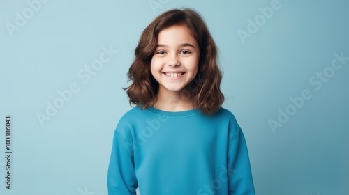 Cheerful young girl in a blue sweatshirt, beaming with joy against a matching background.