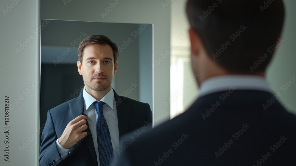 A businessman adjusting his tie in front of a mirror before entering an important business meeting. A businessman adjusting his tie in front of a mirror before entering an important business meeting.
