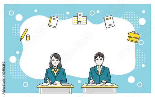 机に向かって勉強をする高校生の男女のイラスト