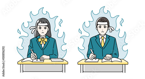 机に向かって受験勉強をする高校生の男女のイラスト