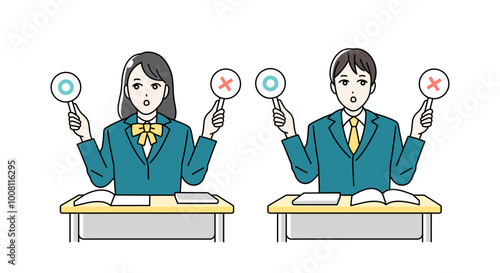 まるばつ札をあげる高校生の男女のイラスト