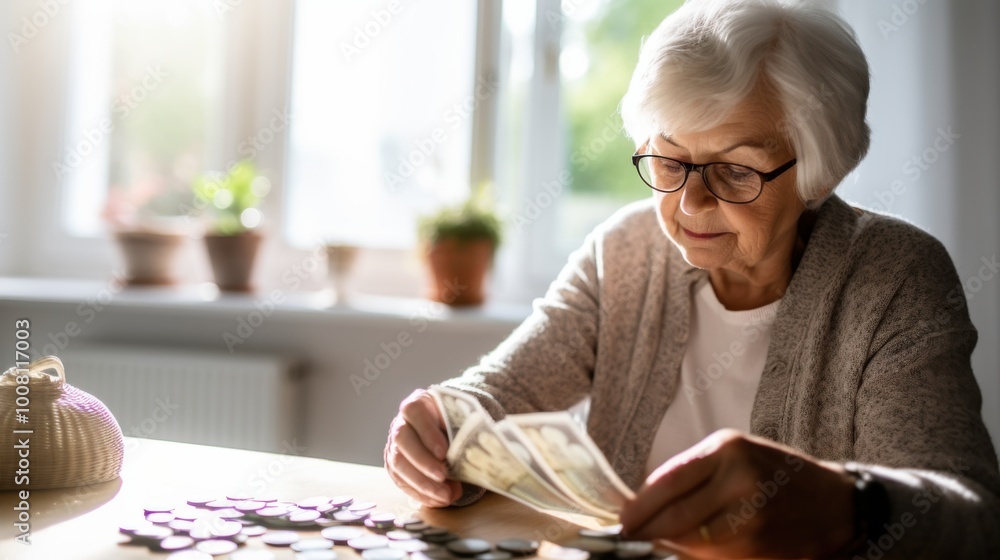A senior woman sits by a window, counting money at home, surrounded by soft light and greenery, reflecting financial mindfulness and independence. A senior woman sits by a window, counting money at home, surrounded by soft light and greenery, reflecting financial mindfulness and independence.
