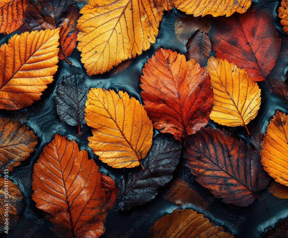 Coloured wet leaves lying on a wet road. AI generativ. Coloured wet leaves lying on a wet road. AI generativ.