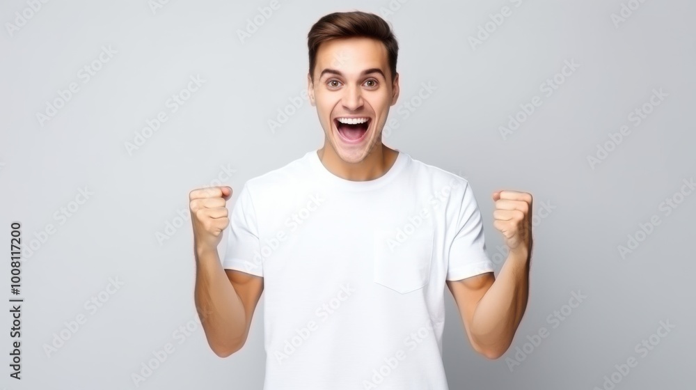 Naklejka premium A joyful man in a white t-shirt clenches his fists in excitement against a plain backdrop, capturing a moment of triumph and exuberance.