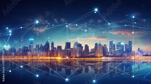 A futuristic city skyline illuminated by interconnected nodes signifies technology and innovation blending seamlessly with urban life, under a dreamy sky.