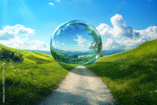 Soap bubble nature background with beautiful view inside.