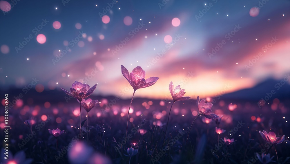Naklejka premium A Captivating Evening in a Dreamy Flower Field Illuminated by Glittering Bokeh: Nature's Beauty Under a Magical Sky of Pink Hues and Sparkling Lights at Dusk