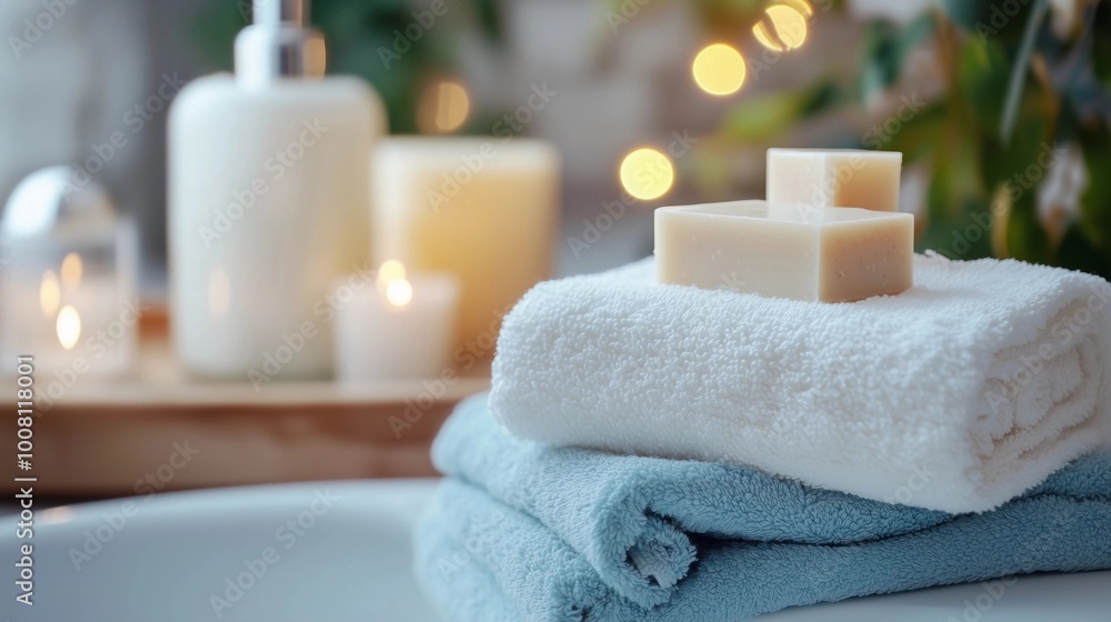 Close-up of three white and blue towels stacked on top of each other, with two square soap bars, candles, and bottles of shampoo in the background, in a bathroom setting, with a bokeh effect Close-up of three white and blue towels stacked on top of each other, with two square soap bars, candles, and bottles of shampoo in the background, in a bathroom setting, with a bokeh effect