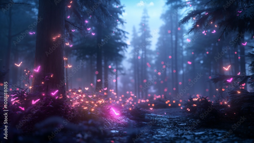 A serene forest radiates magical light in this ethereal scene, with vibrant hues of pink and orange illuminating the misty surroundings, creating a dreamlike atmosphere. A serene forest radiates magical light in this ethereal scene, with vibrant hues of pink and orange illuminating the misty surroundings, creating a dreamlike atmosphere.
