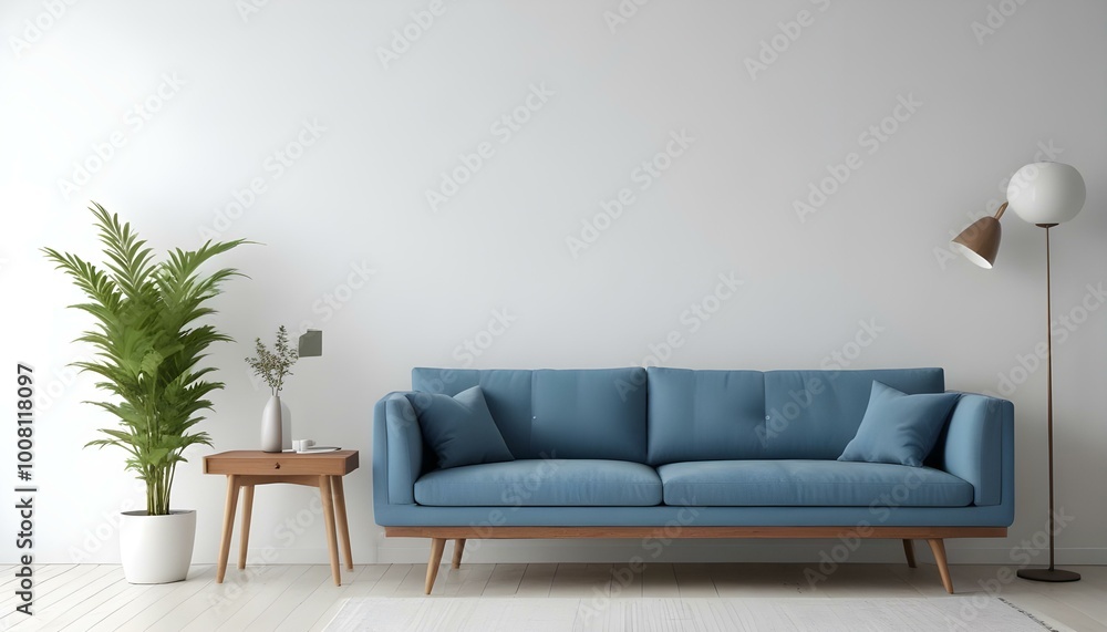 Modern blue sofa with wooden legs in a minimalist living room with a white wall and a wooden side table Modern blue sofa with wooden legs in a minimalist living room with a white wall and a wooden side table