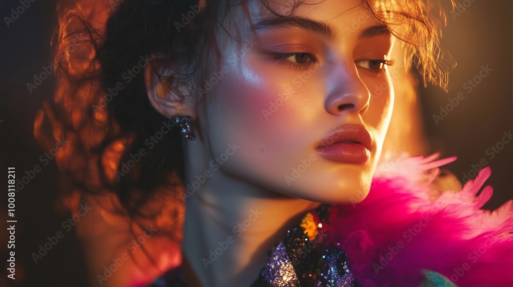 Close-up portrait of an Asian model. In the background, there is a colorful, feathered dress. She has curly hair and large earrings. The lighting is moody, with a soft glow on her face Close-up portrait of an Asian model. In the background, there is a colorful, feathered dress. She has curly hair and large earrings. The lighting is moody, with a soft glow on her face