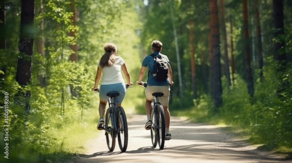 A couple rides e-bikes through a sunlit forest trail, enjoying the tranquility and beauty of nature together. A couple rides e-bikes through a sunlit forest trail, enjoying the tranquility and beauty of nature together.