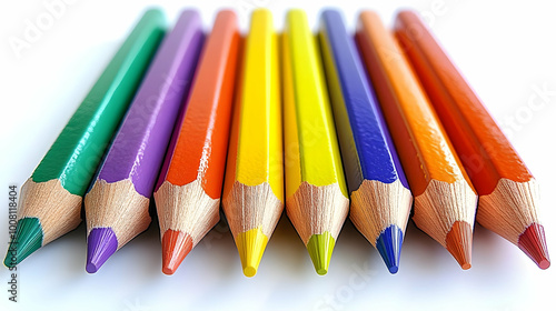 A Close-up View of Eight Sharpened Color Pencils Arranged in a Row on a White Background, Showing Their Wooden Bodies and Vibrant Colors.