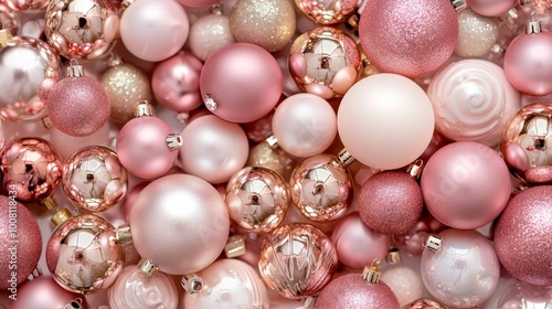 Beautiful Christmas Baubels on a Pastel Pink/Gold Background.