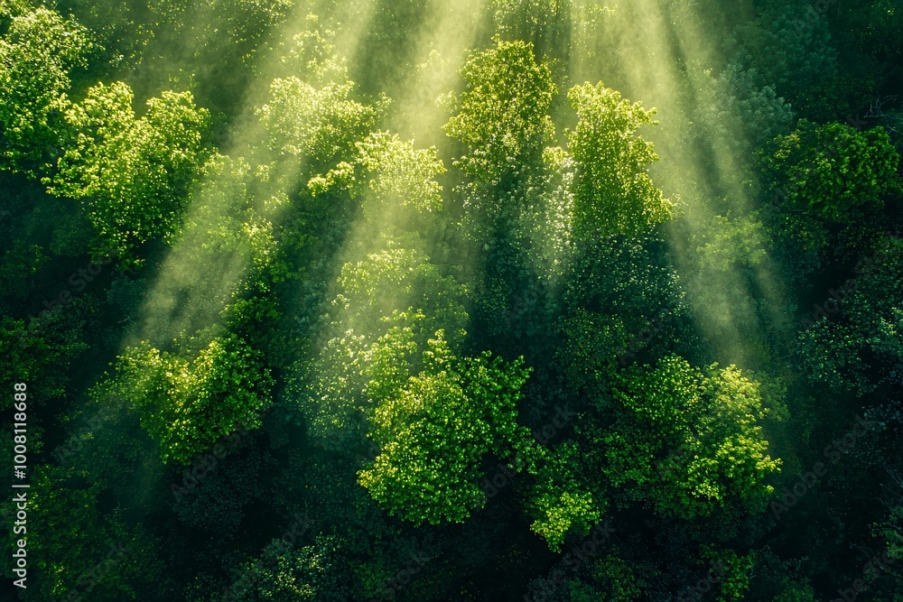 An enchanting bird's-eye glimpse of a vibrant woodland, where sunlight dances through the thick foliage, casting intricate shadows. An enchanting bird's-eye glimpse of a vibrant woodland, where sunlight dances through the thick foliage, casting intricate shadows.