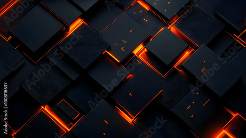 Abstract 3D Background with Black Squares and Orange Neon Lights