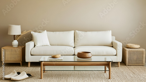 Warm and cozy living room interior with modular sofa, beige wall, carpet, glass coffee table, rattan sideboard, slippers, wooden bench, stylish lamp and personal accessories. Home decor. Template.