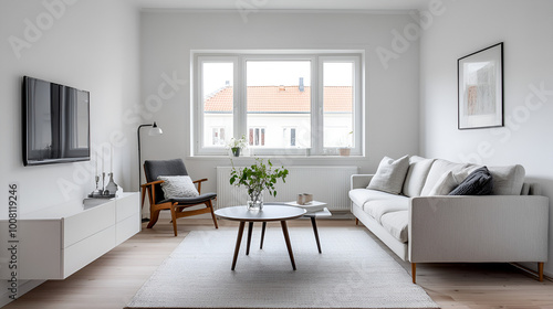 Scandinavian-style living room featuring sleek furniture and organic design elements. Ideal for modern lifestyle or home d cor visuals.