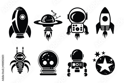 Space monochrome elements set with astronaut shuttles and rockets cosmic objects observatory and radar isolated, Space explorations icons. 