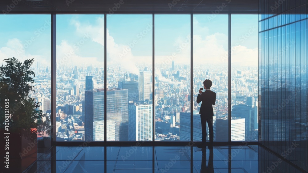 An office worker standing by a large window, sipping coffee while overlooking a cityscape. An office worker standing by a large window, sipping coffee while overlooking a cityscape.