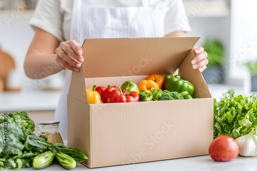 Close-up image of an unboxed meal kit revealing a variety of fresh produce,highlighting the rise of home cooking trends and the convenience of modern meal delivery services.