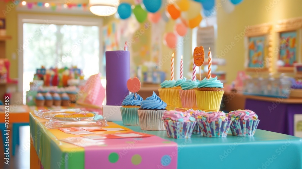 A child's birthday party table, covered with colorful decorations, cupcakes, and presents. A child's birthday party table, covered with colorful decorations, cupcakes, and presents.