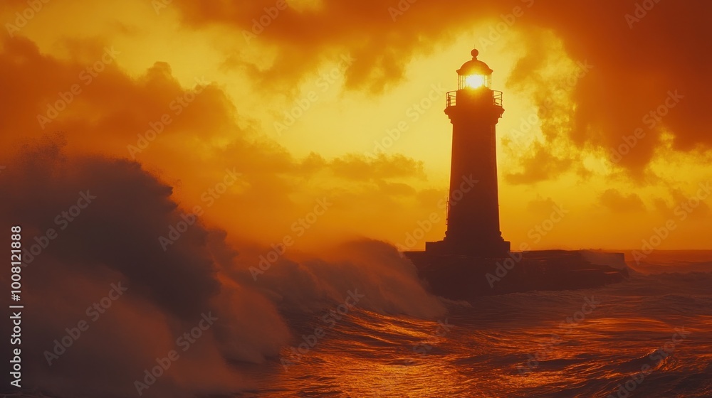 A lighthouse stands against crashing waves at sunset, illuminating the dramatic sky. A lighthouse stands against crashing waves at sunset, illuminating the dramatic sky.