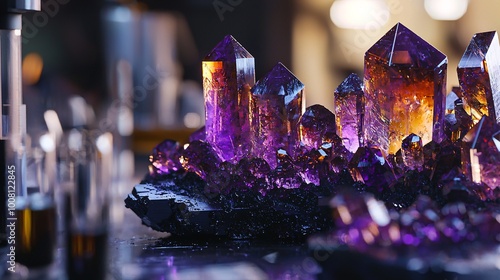 Vibrant anthranone crystals exhibit complex shapes and hues on a laboratory table, poised for scientific examination. photo