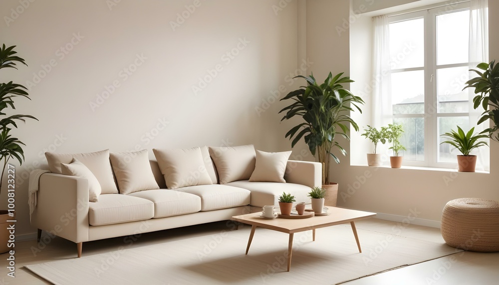 Modern beige sofa with throw pillows in a minimalist living room with a potted plant and natural lighting from a window. Modern beige sofa with throw pillows in a minimalist living room with a potted plant and natural lighting from a window.