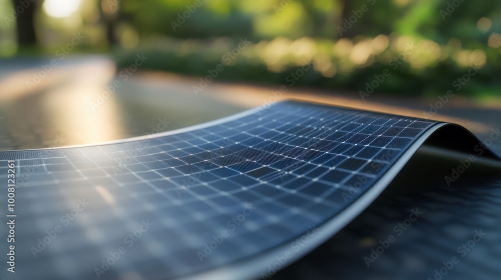 A close-up of a flexible solar panel being rolled out on a curved surface, demonstrating its adaptability.