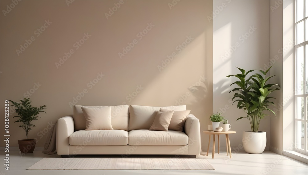 Modern beige sofa with throw pillows in a minimalist living room with a potted plant and natural lighting from a window. Modern beige sofa with throw pillows in a minimalist living room with a potted plant and natural lighting from a window.