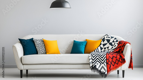 Contemporary interior design featuring a curved sofa, vibrant throw blankets, and geometric pillows, accented by a minimalist hanging lamp. photo