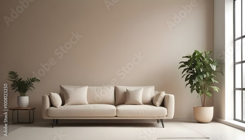 Modern beige sofa with throw pillows in a minimalist living room with a potted plant and natural lighting from a window.