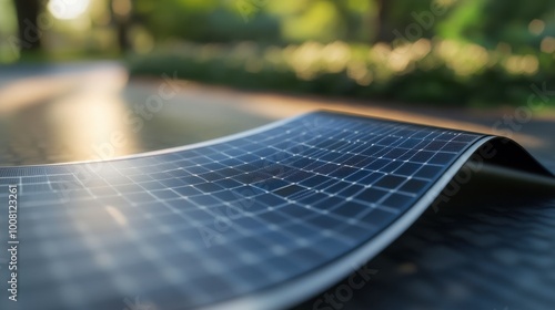 A close-up of a flexible solar panel being rolled out on a curved surface, demonstrating its adaptability. photo