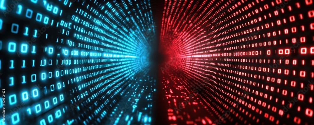 A vibrant digital tunnel with binary code in red and blue, symbolizing technology and data flow. A vibrant digital tunnel with binary code in red and blue, symbolizing technology and data flow.