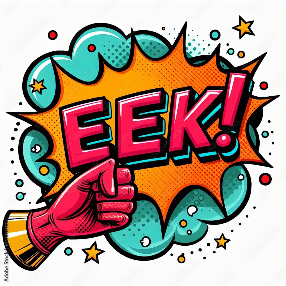 Fototapeta premium Comic style speech bubble with the word Eek and a red gloved fist. Pop art illustration for posters, banners, and prints