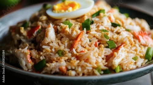 A close-up of a plate of Thai crab fried rice, with chunks of fresh crab meat, egg, and scallions.