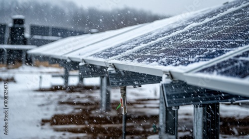 A close-up of a solar array being tested in harsh weather conditions, with snow covering the panels.