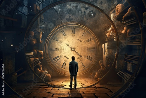 A figure gazes into a colossal clock portal surrounded by an array of smaller timepieces in a shadowy chamber pondering their journey through time