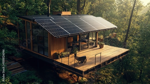 A close-up of a solar panel installation on an off-grid tiny house, surrounded by a natural, forested landscape.