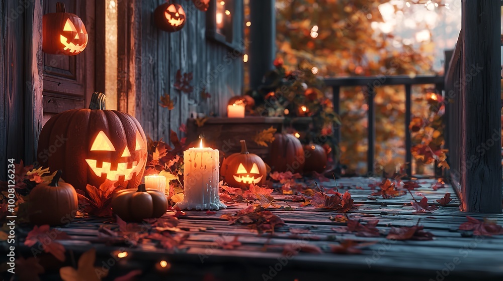 A jack-o-lantern on a porch lit up for Halloween. A jack-o-lantern on a porch lit up for Halloween.