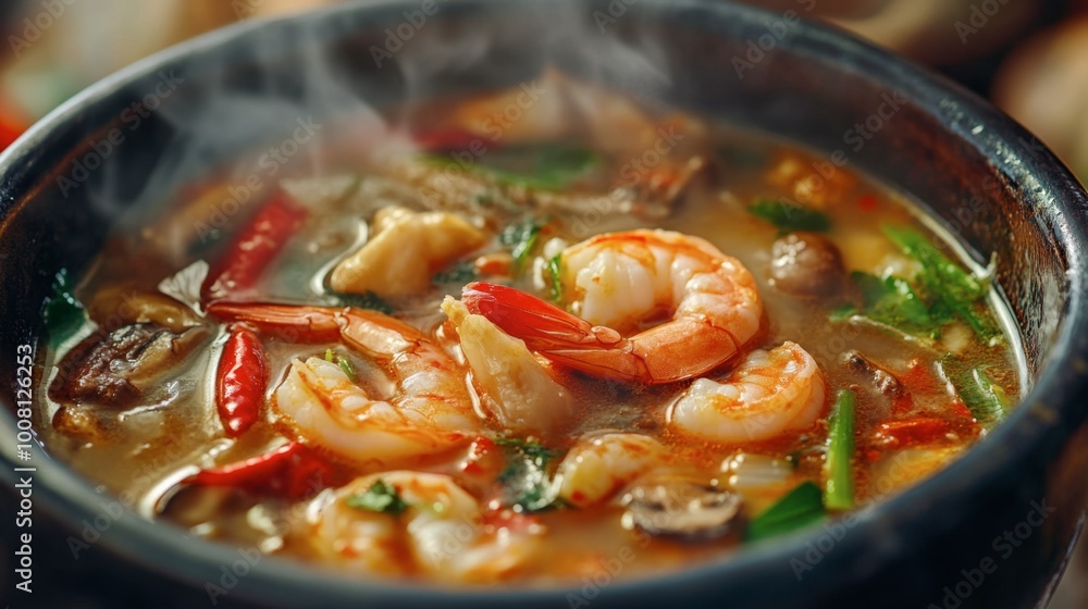 A close-up of a steaming bowl of Tom Yum soup, with prawns, mushrooms, lemongrass, and chili peppers. A close-up of a steaming bowl of Tom Yum soup, with prawns, mushrooms, lemongrass, and chili peppers.