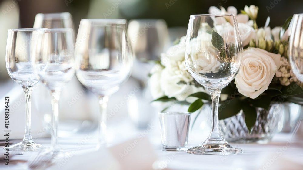 A close-up of a table at a wedding reception, elegantly set with white linens, crystal glasses, and flower centerpieces. A close-up of a table at a wedding reception, elegantly set with white linens, crystal glasses, and flower centerpieces.