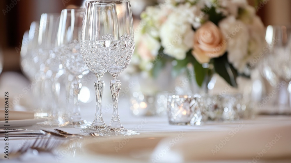 A close-up of a table at a wedding reception, elegantly set with white linens, crystal glasses, and flower centerpieces.