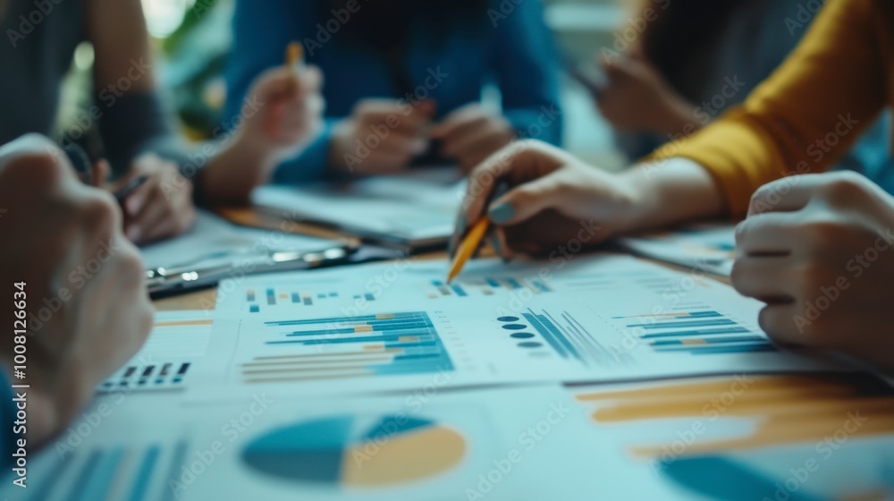 A close-up of a team reviewing a printed report with charts and graphs during a project update meeting. A close-up of a team reviewing a printed report with charts and graphs during a project update meeting.