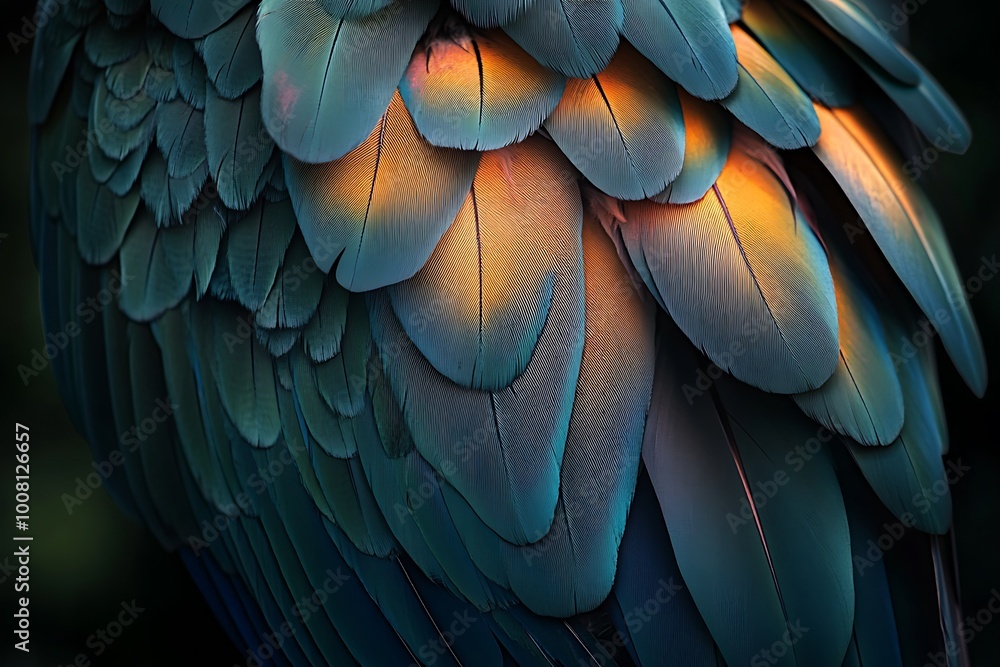 Fototapeta premium Close-up of a bird's feathers with a teal and orange color gradient.