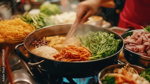 A close-up of a Thai hot pot (suki) being cooked at a table, with fresh vegetables, meats, and noodles.