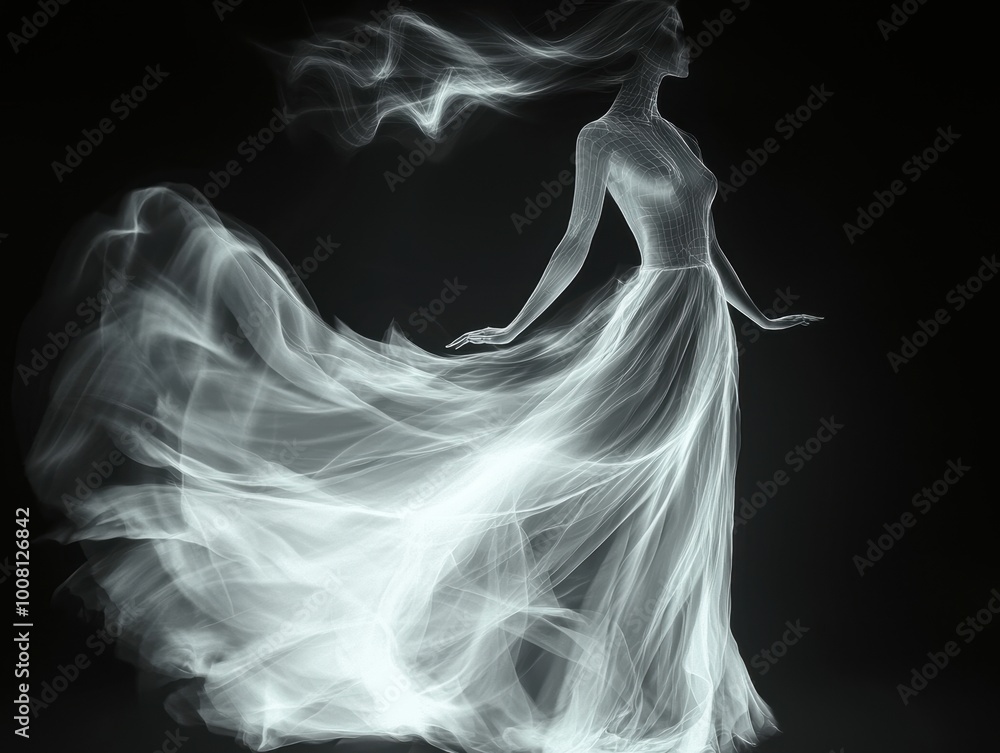 Ethereal Woman in Flowing Gown with Ghostly Illumination Ethereal Woman in Flowing Gown with Ghostly Illumination