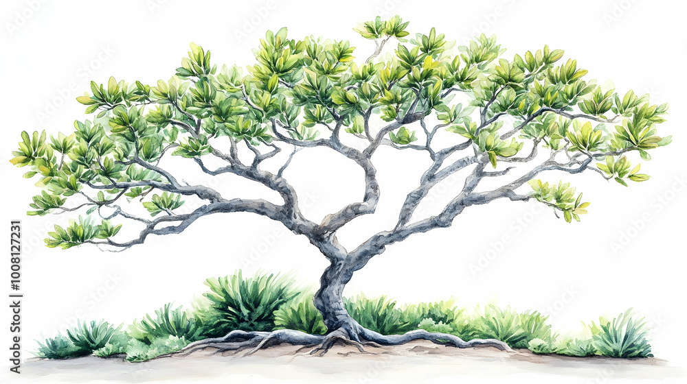 Watercolor Illustration of a Twisted Tree with Lush Foliage and Surrounding Grass Watercolor Illustration of a Twisted Tree with Lush Foliage and Surrounding Grass