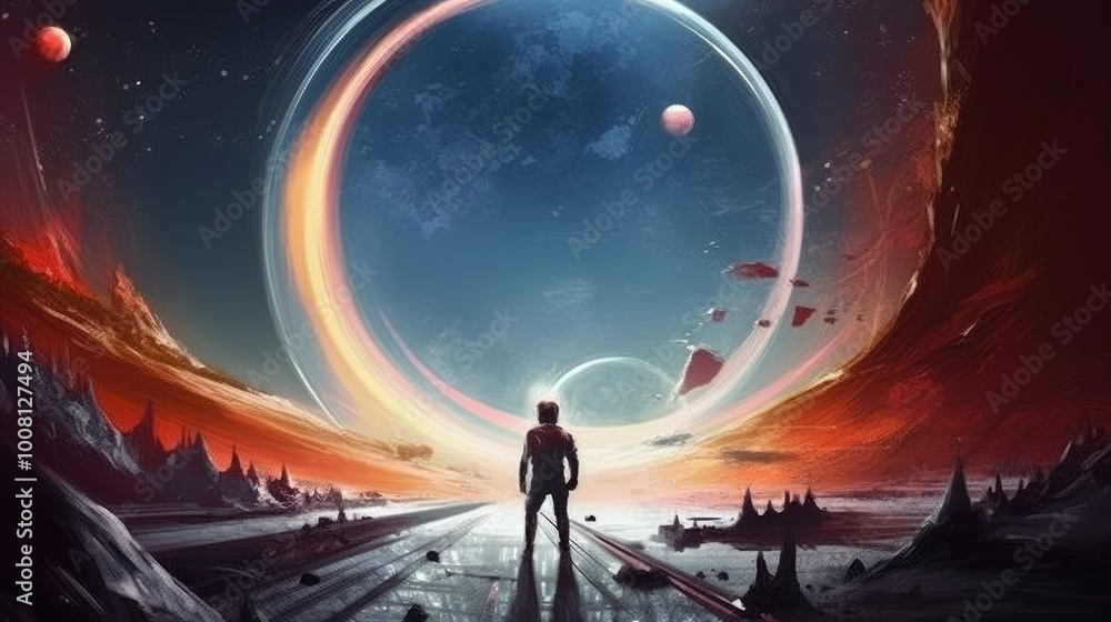 Fototapeta premium astronaut on unknown planet looking at earth